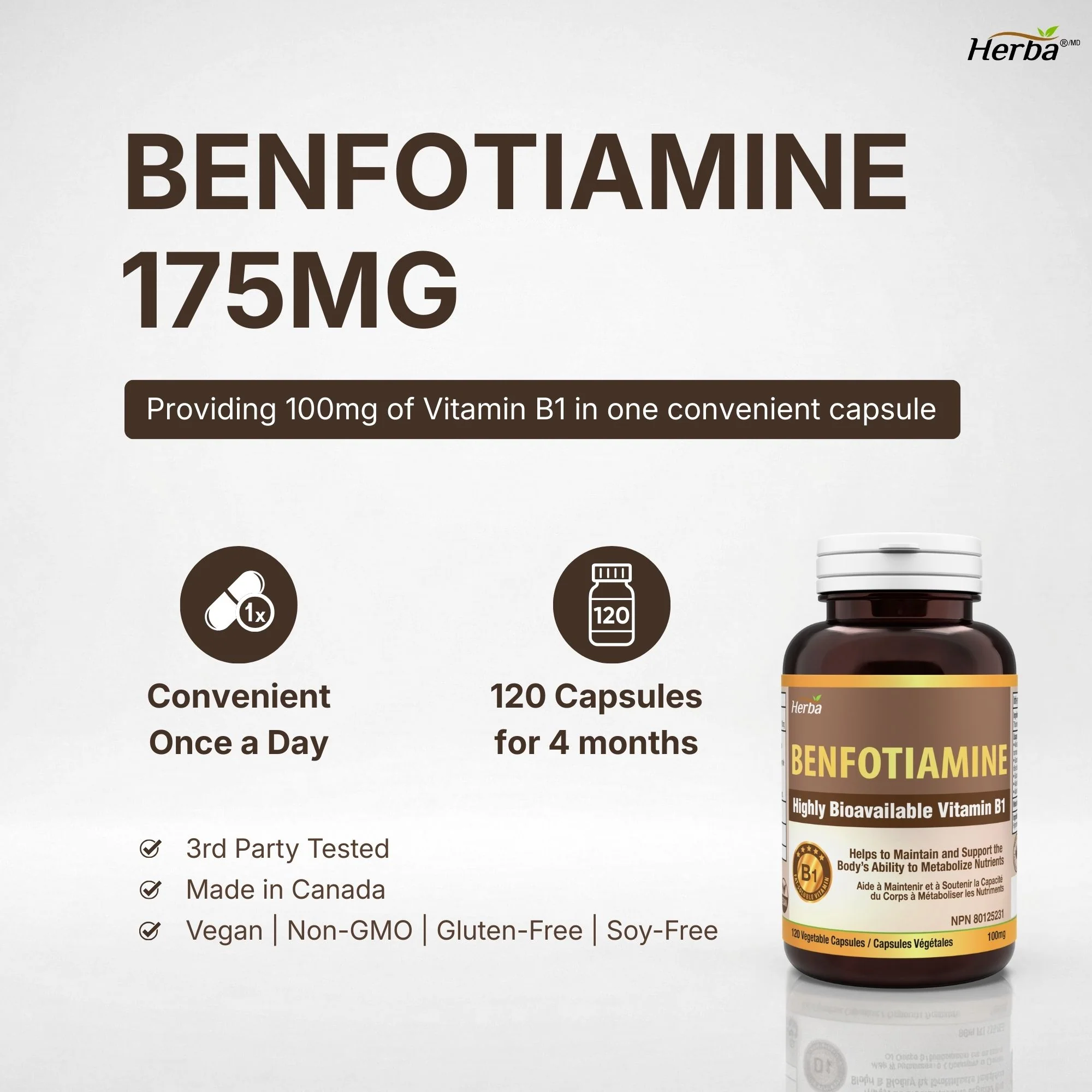 Benfotiamine 100mg - 120 Capsules | Fat Soluble Vitamin B1 | Made in Canada - Image 3