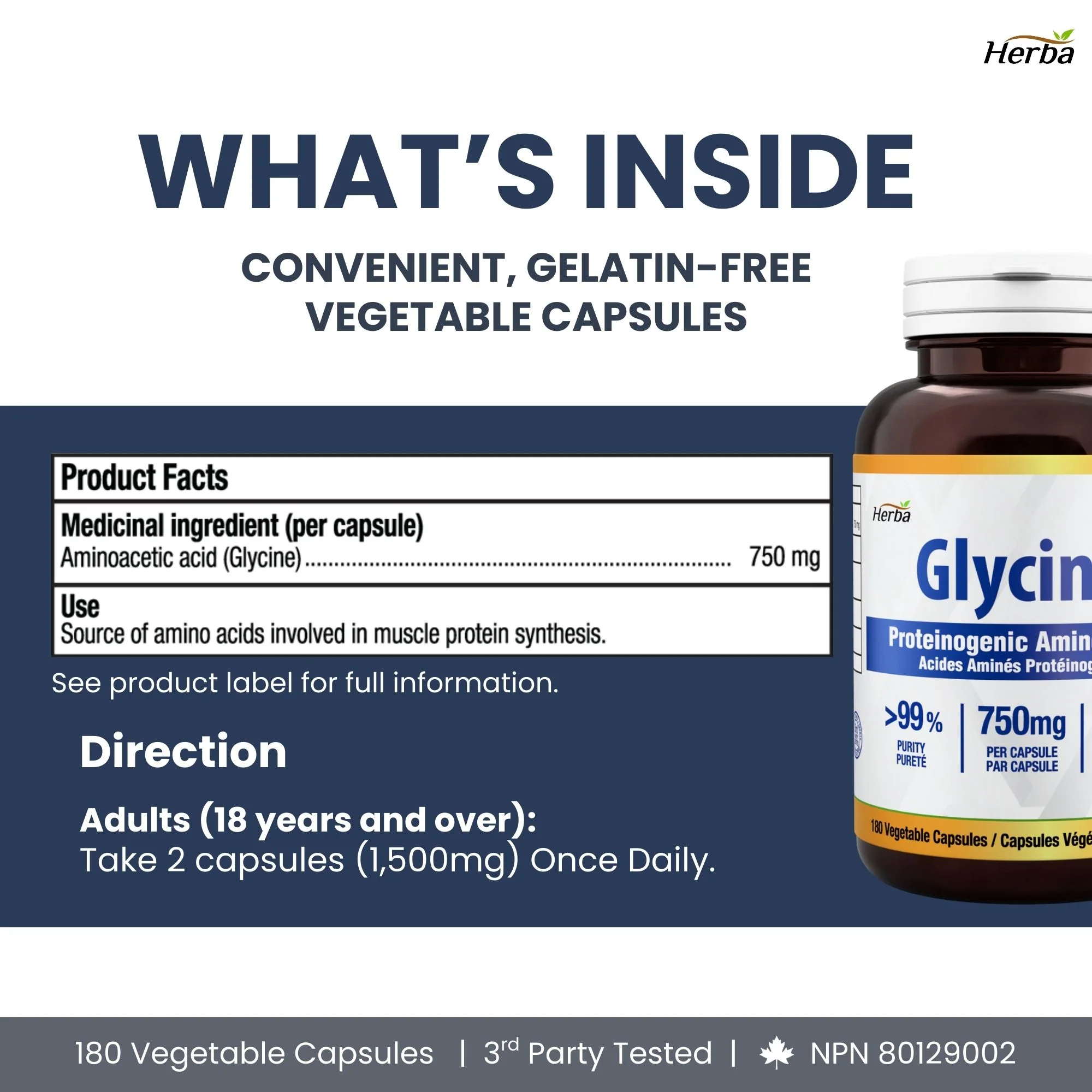 Herba Glycine Supplement 750mg - 180 Capsules - >99% Ultra Pure Glycine Capsules | Made in Canada - Image 7