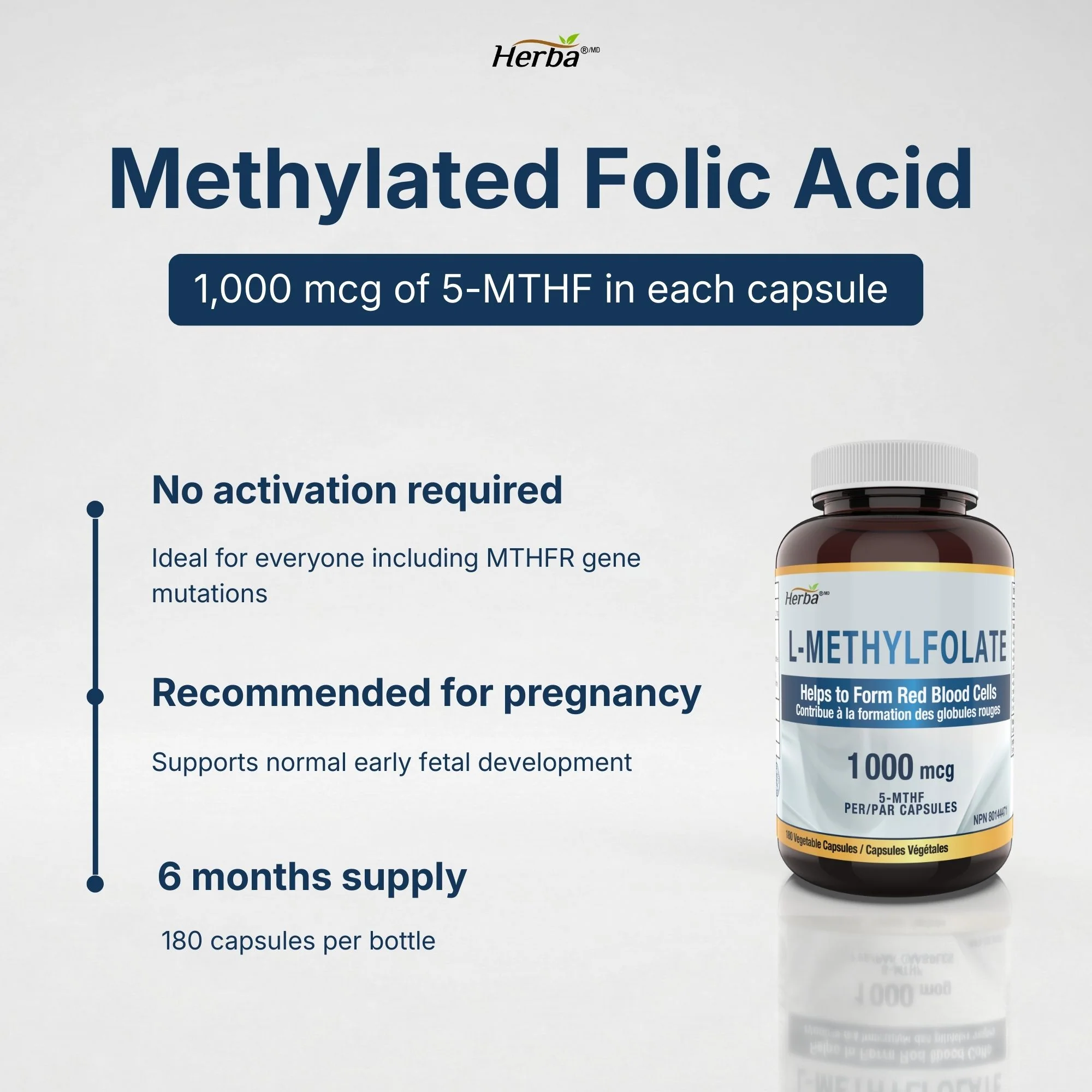 L-Methylfolate 1000mcg - 180 Capsules | Vitamin B9 5-MTHF Folate Supplement | Made in Canada - Image 3
