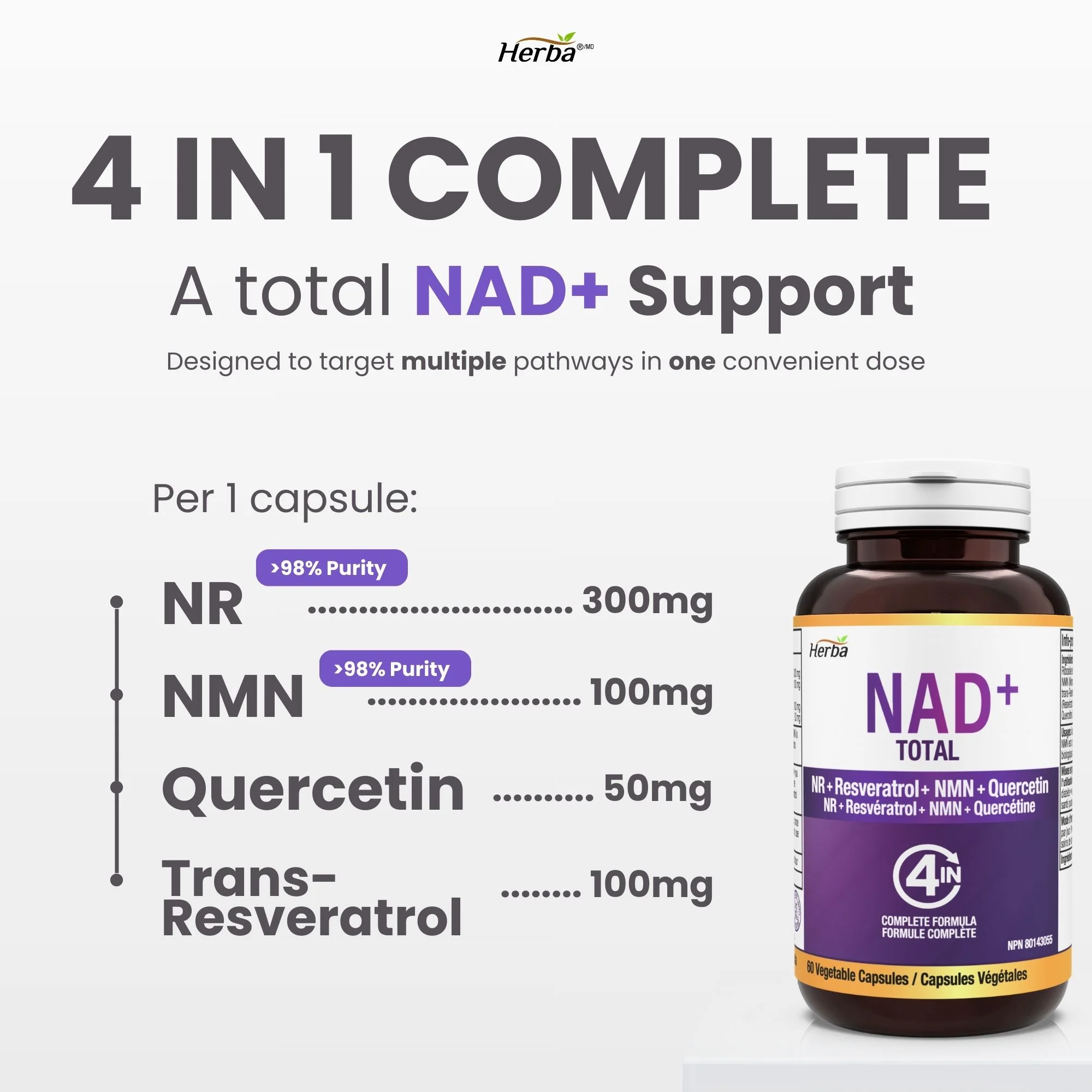 NAD+ Supplement 550mg – 60 Capsules | 4-in-1 NAD Plus Total with Nicotinamide Riboside (NR), β-NMN, Resveratrol & Quercetin | Made in Canada - Image 3
